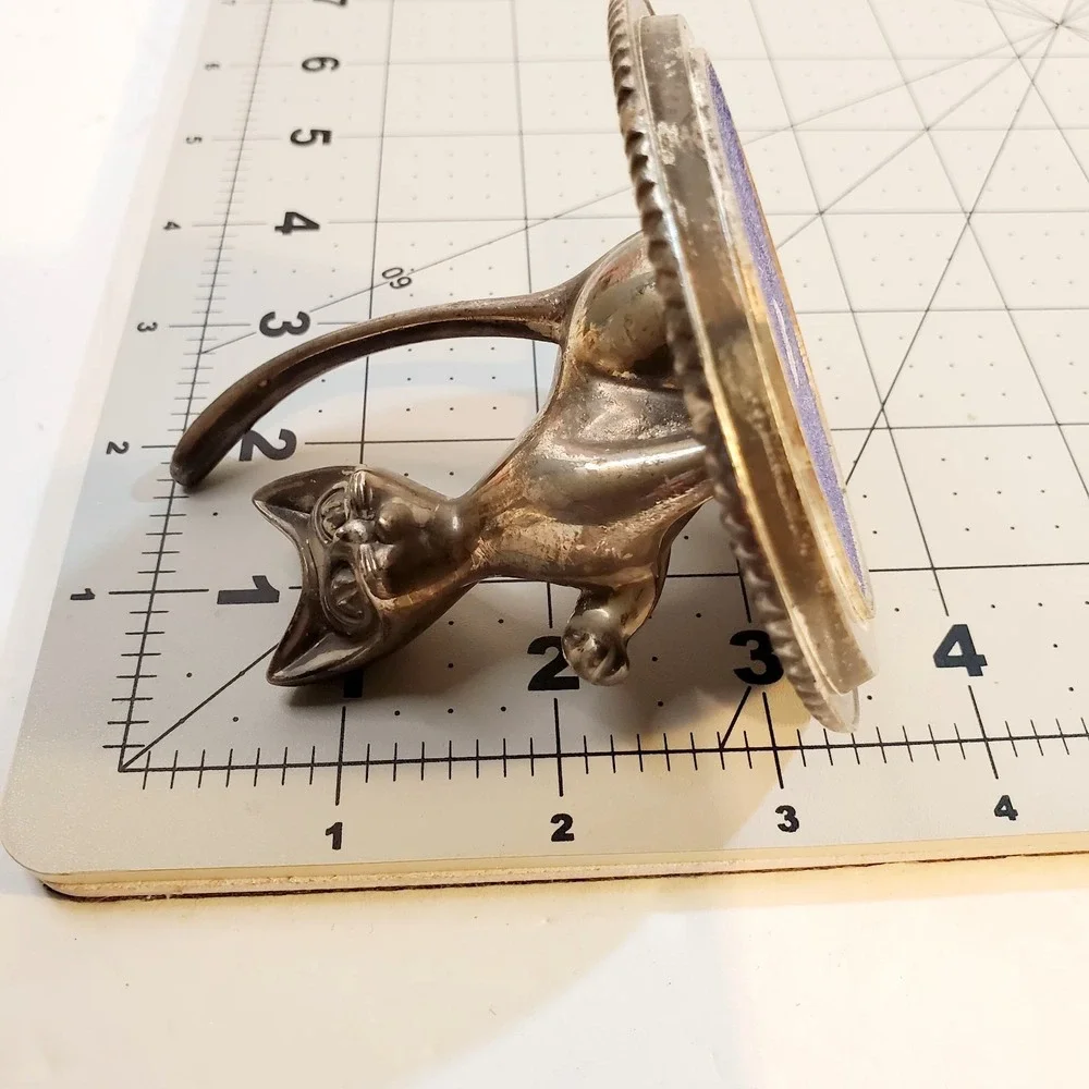 Vintage Silver Plated Cat Ring Holder on Etched Trinket Tray 3.5